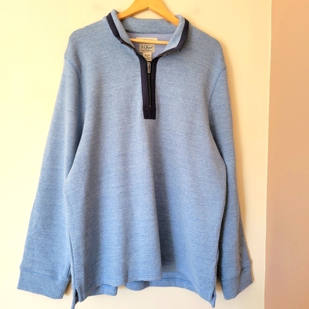 LL Bean Men's XL Cotton Knit Quarter Zip Pull Over Sweatshirt Light Blue